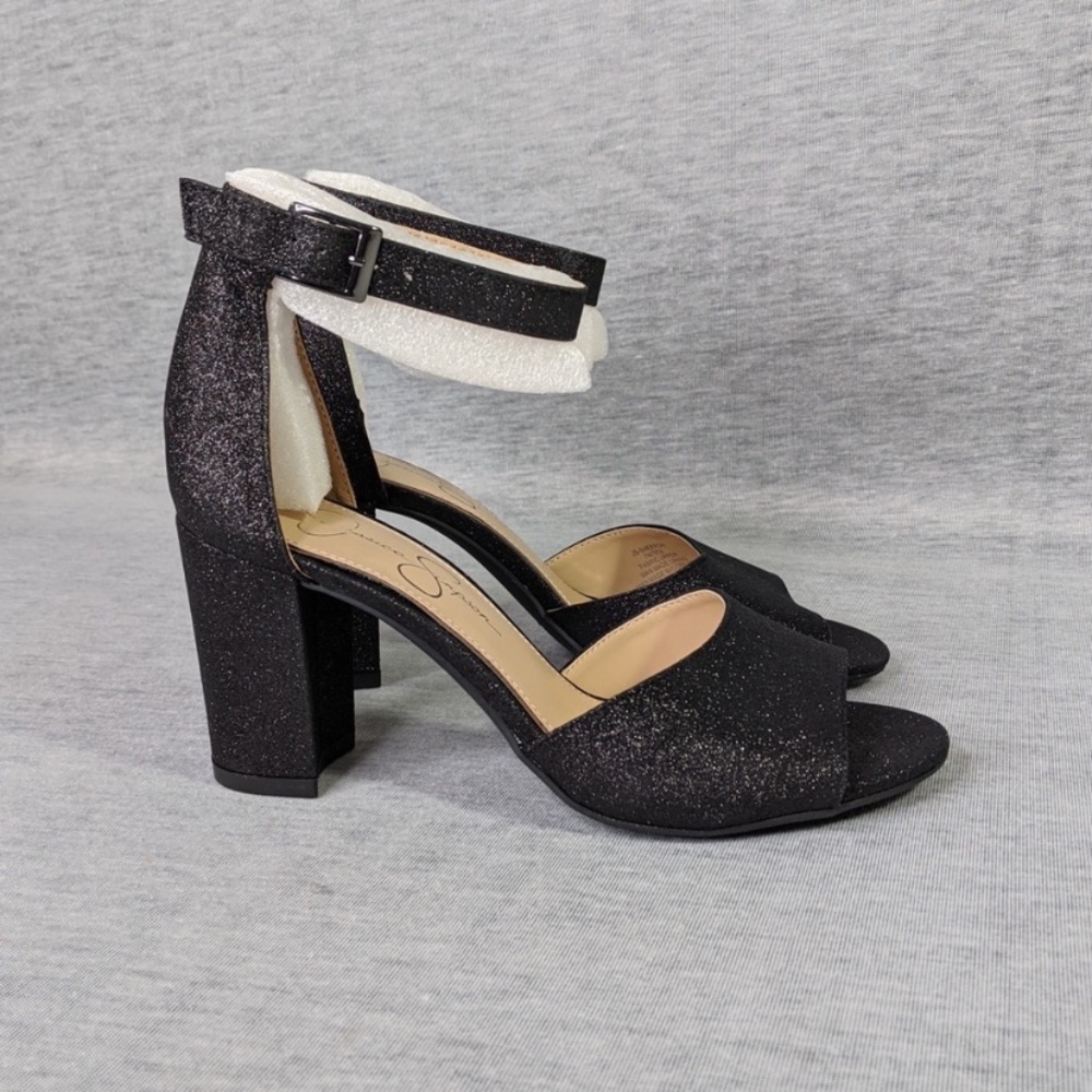 Black Glitter Ankle-Strap Block Heel Sandals - Women